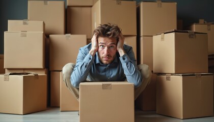 Stressed man surrounded by cardboard boxes. Guy squats, looking at camera with hands on head. Overwhelmed by moving, relocation, or storage. Mess, disorder, chaos from home relocation.