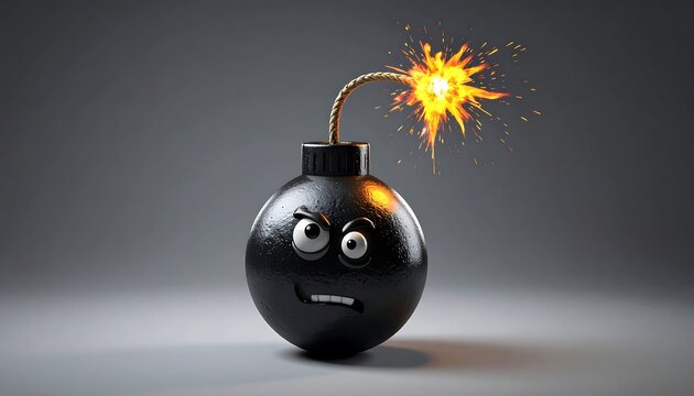 A cartoonish, spherical bomb with a face expressing anger and a lit fuse, radiating fiery sparks against a grey backdrop - Powered by Adobe