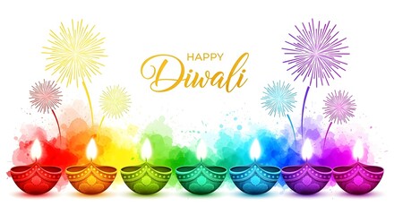 A vibrant illustration of diwali with colorful diyas and festive fireworks