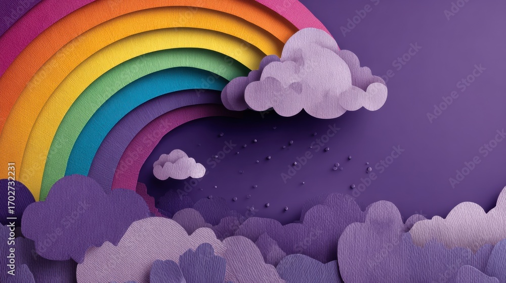 Poster colorful rainbow arching over fluffy clouds on a purple background creating a whimsy and cheerful at
