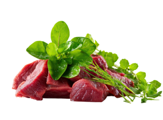 Freshly cut beef cubes atop fresh herbs