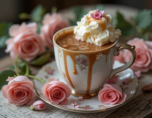 Delicate cup of coffee topped with whipped cream and caramel, surrounded by soft pink roses.