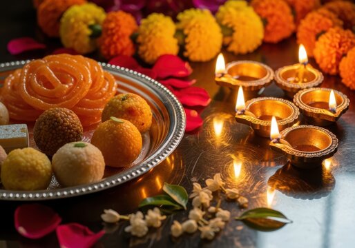 Diwali sweets and diya lamps are arranged for a festive celebration