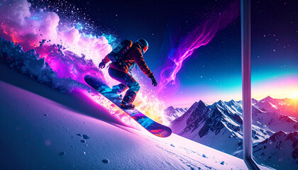 Naklejka premium Snowboard Edge Scraping Snow Macro Freeze Frame. Winter concept. Generated Image.