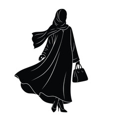 Naklejka premium Elegant Silhouette of Woman in Hijab and Abaya with Handbag, Representing Modest Fashion and Graceful Movement