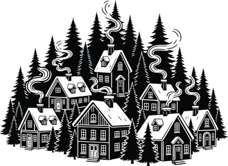 Obraz premium Monochrome Winter Village Scene Surrounded by Pine Trees with Smoke Emanating from Chimneys Creating a Cozy and Peaceful Atmosphere for Holiday Designs