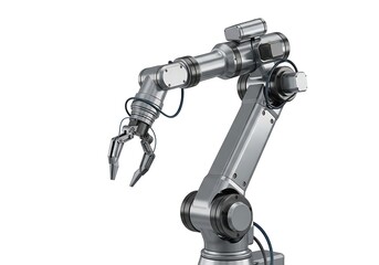 A detailed depiction of a modern robotic arm, showcasing its intricate metallic design and precision engineering.