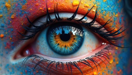 Eye close-up with artistic makeup, textured patterns. Vibrant blue, orange iris, surrounded by red, blue colors. Expressive look, surreal mood, unique eye-catching design for cosmetic industry, art