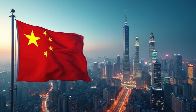 Chinese flag waves over modern urban skyline at dusk. Skyscrapers, city lights represent economic growth, financial markets, technological innovation. Scene prosperity, investment, global commerce.