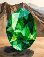 Vibrant emerald gem against a backdrop of volcanic landscape