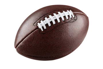 Close-up of a brown American football.  Stitching is white.  Isolated on black