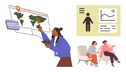 Woman analyzing geopolitical data on digital map with pointer and tablet. Two colleagues seated and discussing. Ideal for analytics, teamwork, presentations, education, strategy, communication