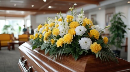 Coffin with yellow and white flower arrangement for funeral service. Grief and remembrance concept.