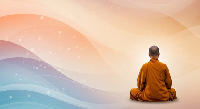 Buddhist monk meditating, sitting alone, back view. Concept of inner peace, enlightenment, spirituality, mindfulness, and religion.