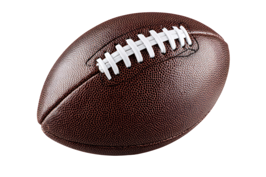 Close-up of a brown American football.  Stitching is white.  Isolated on black