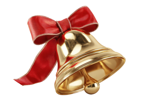 Gold bell with red ribbon bow. 3D rendering