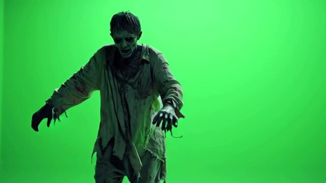 Terrifying zombie character walking slowly on green screen stage set for movie or TV production
