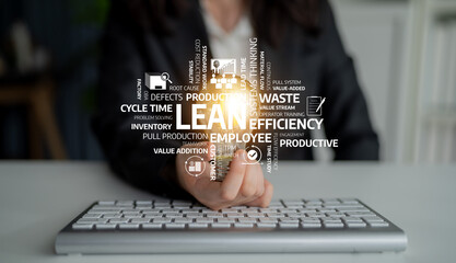 A focused business professional engages with Lean management principles, highlighting efficiency, productivity, and value addition in a modern office environment. Tessel
