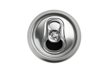 Close-up of a metallic beverage can lid.  Shiny, round, aluminum top with pull tab