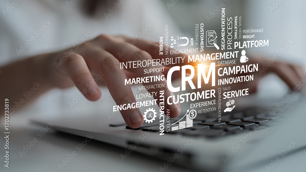 Aufkleber a close-up of hands typing on a keyboard illustrates the concept of crm with various related terms, 
