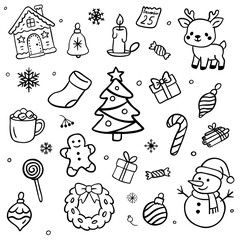 Cute Christmas doodle set with tree, snowman, gifts, reindeer, and candy icons — perfect for greeting cards, holiday printables
