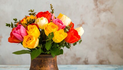 Vibrant bouquet of tulips and roses in a bronze vase