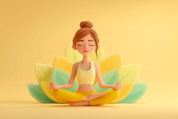 Cartoon woman meditating in lotus pose on yellow background.