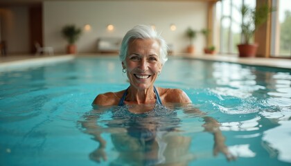 Joyful senior woman with grey hair swims in indoor pool, smiling. Elderly lady enjoys healthy aquatic activity. Mature female swims for fitness, wellness. Water sport promotes healthy living,