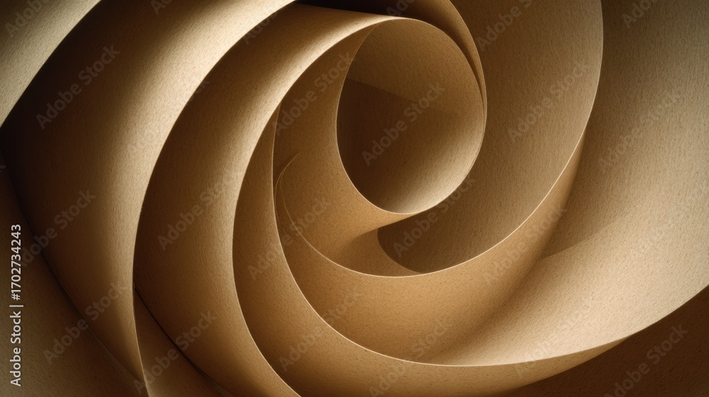Poster curving paper creates an abstract spiral pattern with light and shadow forming a visually intriguing