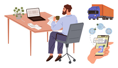 Man working at desk with laptop and documents while coordinating truck freight via smartphone and digital tracking icons. Ideal for logistics, management, technology, supply chain, efficiency, remote