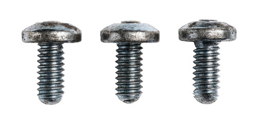 Three oxidized metal machine screws