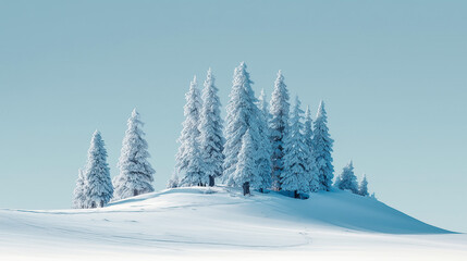 Fototapeta premium Row of snowy pine trees under clear blue sky.