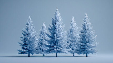 Naklejka premium Row of snowy pine trees under clear blue sky.