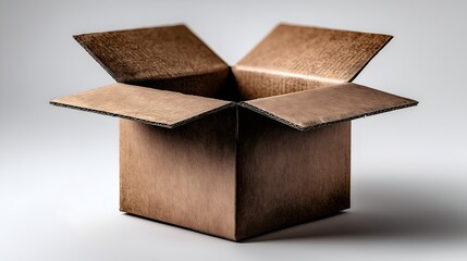 Detailed view of an open brown cube-shaped cardboard box on a neutral background
