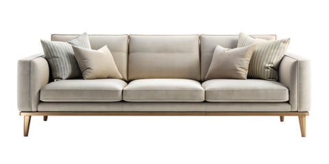 Elegant sofa with pillows isolated on a transparent background