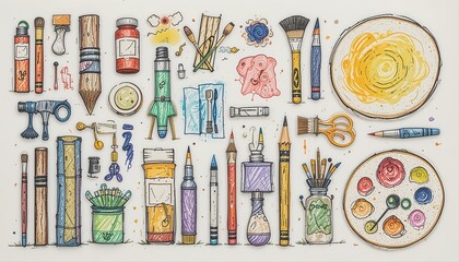 Colorful illustration of art supplies including brushes, pencils, paints, scissors, and palettes, arranged neatly on a white background for creative inspiration