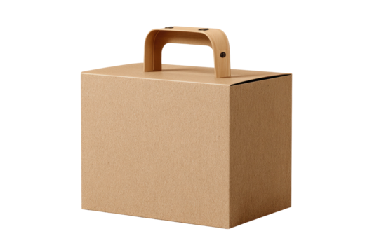 Light brown cardboard box with wooden handles.  A simple, rectangular box, likely for packaging.  The box is plain, showing no graphics or printing.  The handles are a darker tone