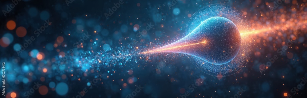 Poster abstract digital illustration shows glowing blue, orange particles converging into central, fluid sh