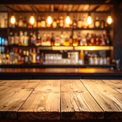 Wooden bar top, blurred pub interior