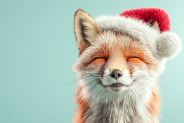 Smiling fox wearing a red Santa hat.