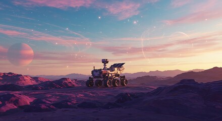 Explore the cosmos with this stunning Mars rover against a breathtaking alien sunset landscape scene