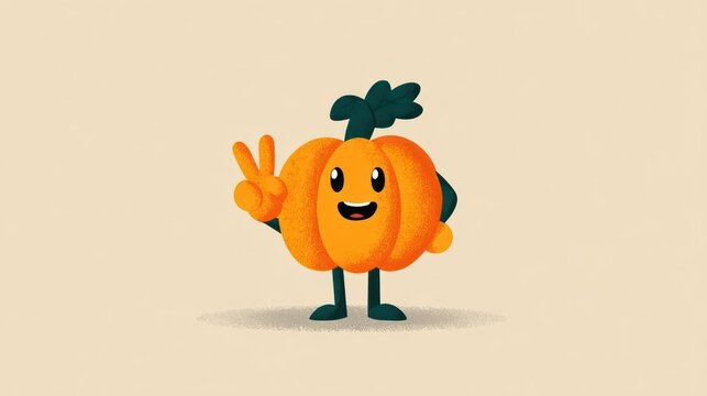 Cute happy cartoon pumpkin character with a green stem and leaves making a peace sign - Powered by Adobe