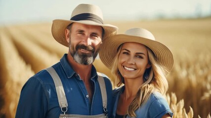 Couple enjoying a sunny day in a wheat field in the countryside wearing straw hats and denim outfits