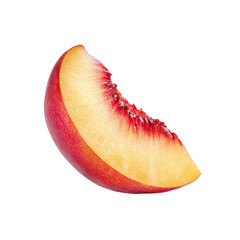 Close-up peach slice, vibrant colors,  isolated on black.  A triangular segment of a peach displays a gradient of  pink-red skin transitioning to a pale yellow-orange flesh.  
