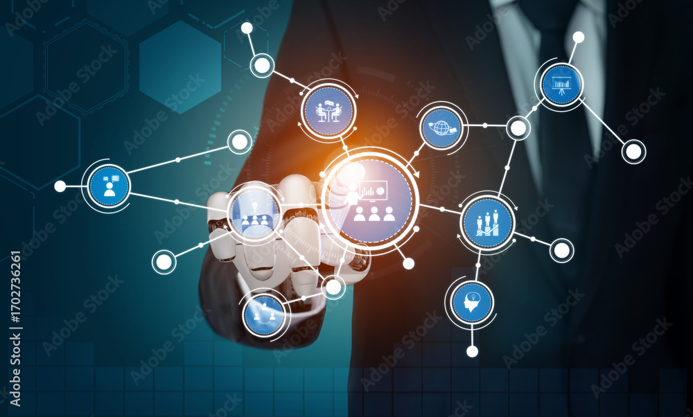Poster a professional man in a suit interacts with a digital network interface displaying various business 
