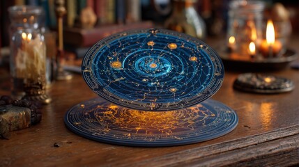 Astral Projector Displaying Constellation Map Hovers Above Base, Illuminated by Candlelight in Dimly Lit Room With Books