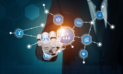 A professional man in a suit interacts with a digital network interface displaying various business icons, symbolizing modern technology and data connections. Tessel