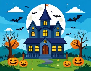 Cartoon Halloween haunted house with full moon and bats vector illustration