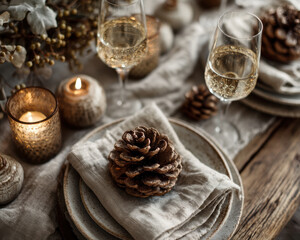 Cozy holiday table setting with pinecone decoration, glowing candles, and sparkling wine glasses creating festive warm atmosphere