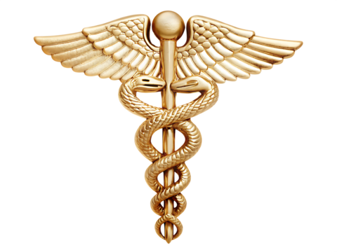 Golden Caduceus Medical Symbol with Wings and Snakes healthcare medicine isolated on a transparent background
